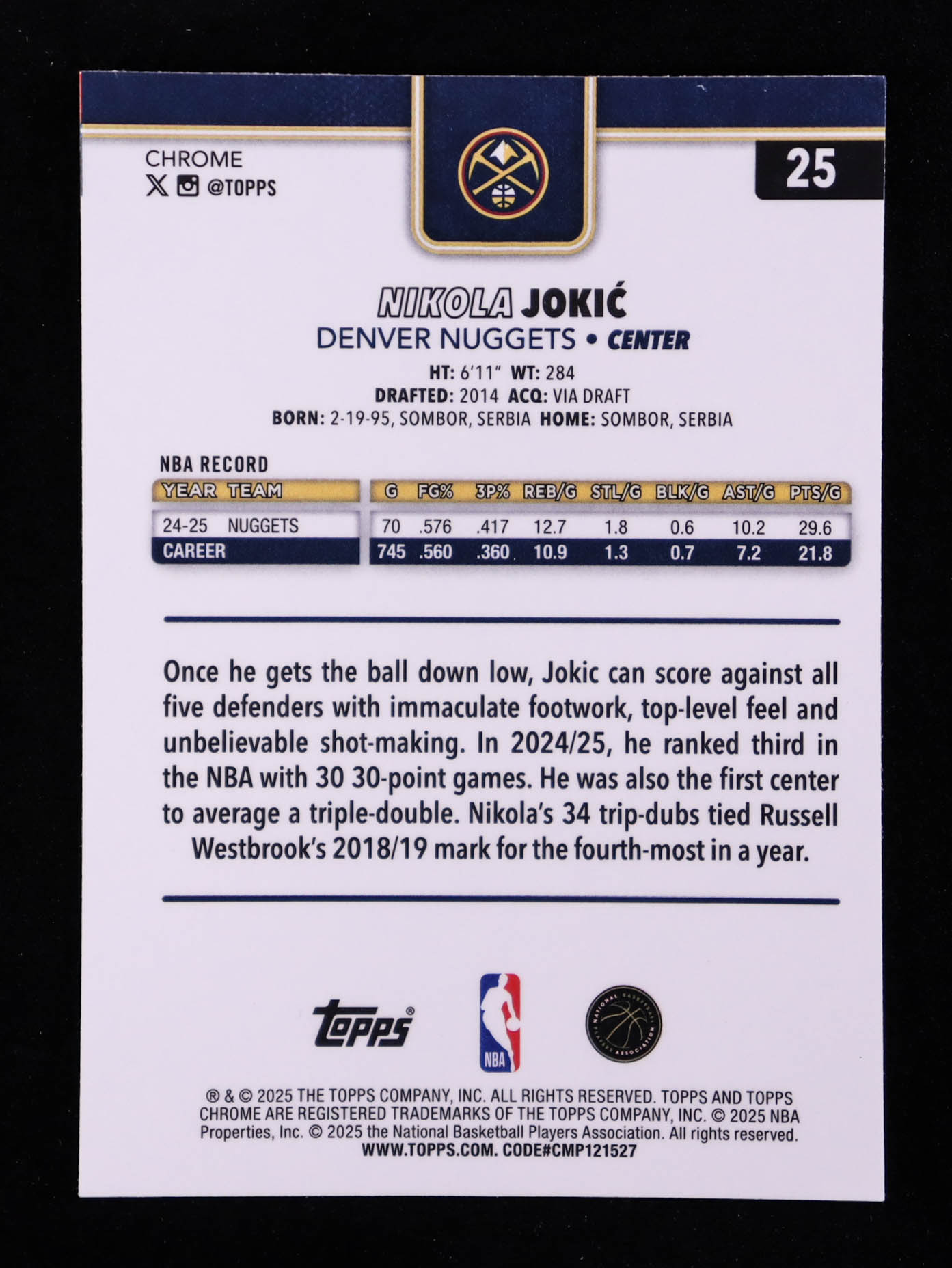 Nikola Jokic 2025-26 Topps Chrome Pulsar Refractors #25 at PristineAuction.com Nikola Jokic 2025-26 Topps Chrome Pulsar Refractors #25 at PristineAuction.com