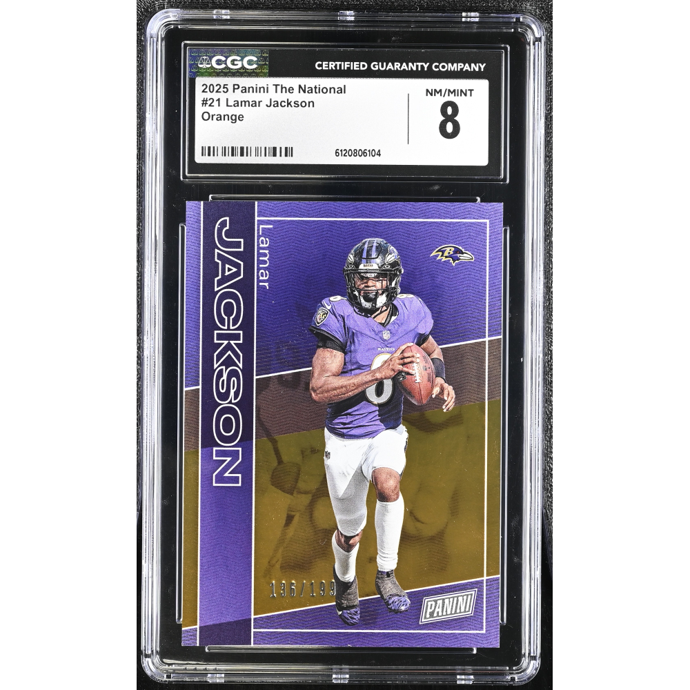 Lamar Jackson 2025 Panini The National Orange #21 (CGC 8) at PristineAuction.com