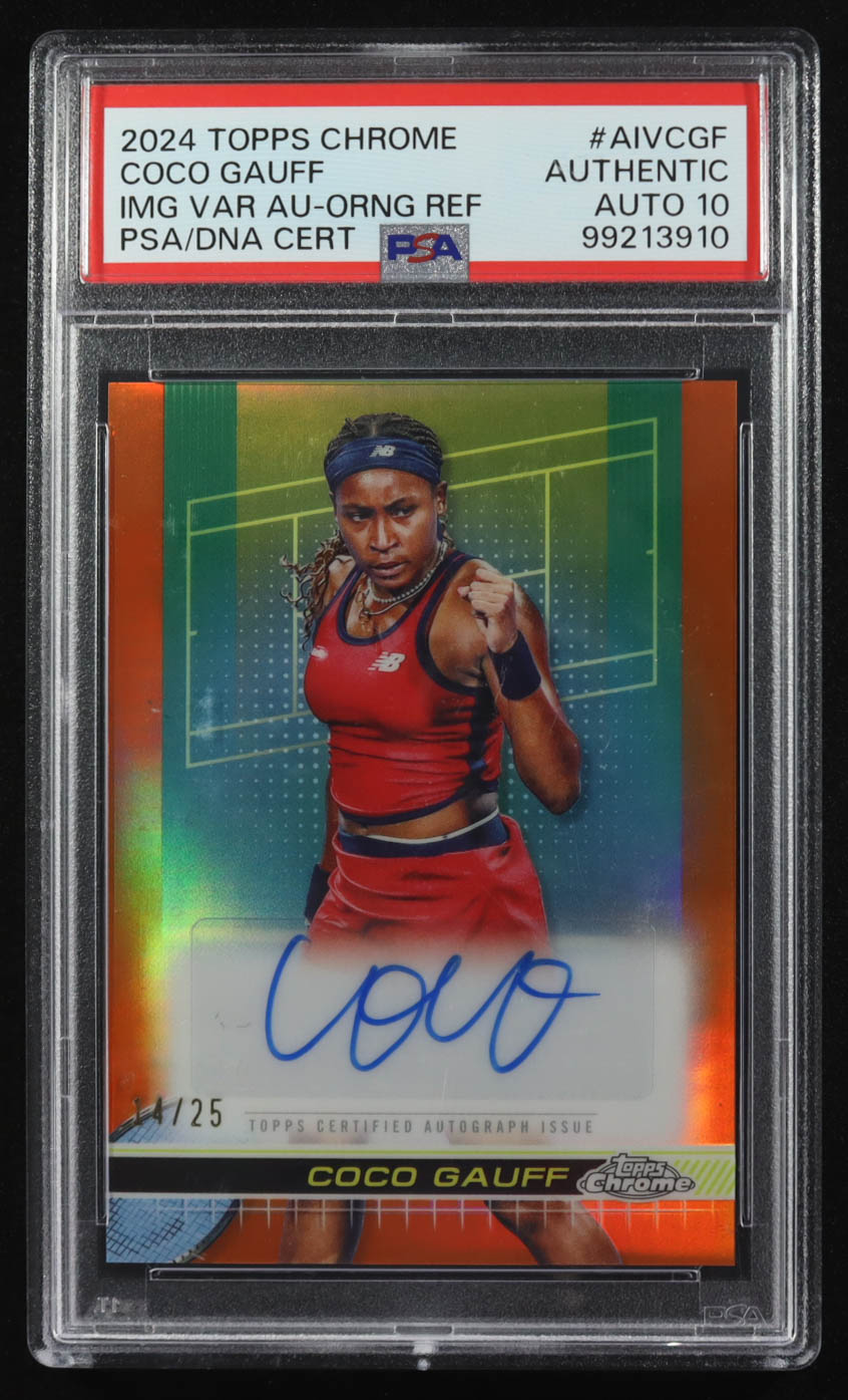 Coco Gauff 2024 Topps Chrome Image Variation Autograph Orange Refractor #AIVCGF #14/25 (PSA | Autograph Graded PSA 10) at PristineAuction.com Coco Gauff 2024 Topps Chrome Image Variation Autograph Orange Refractor #AIVCGF #14/25 (PSA | Autograph Graded PSA 10) at PristineAuction.com