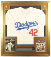Jackie Robinson Custom Framed Jersey Display with Stat Plaque & Ebbets Field Pin at PristineAuction.com