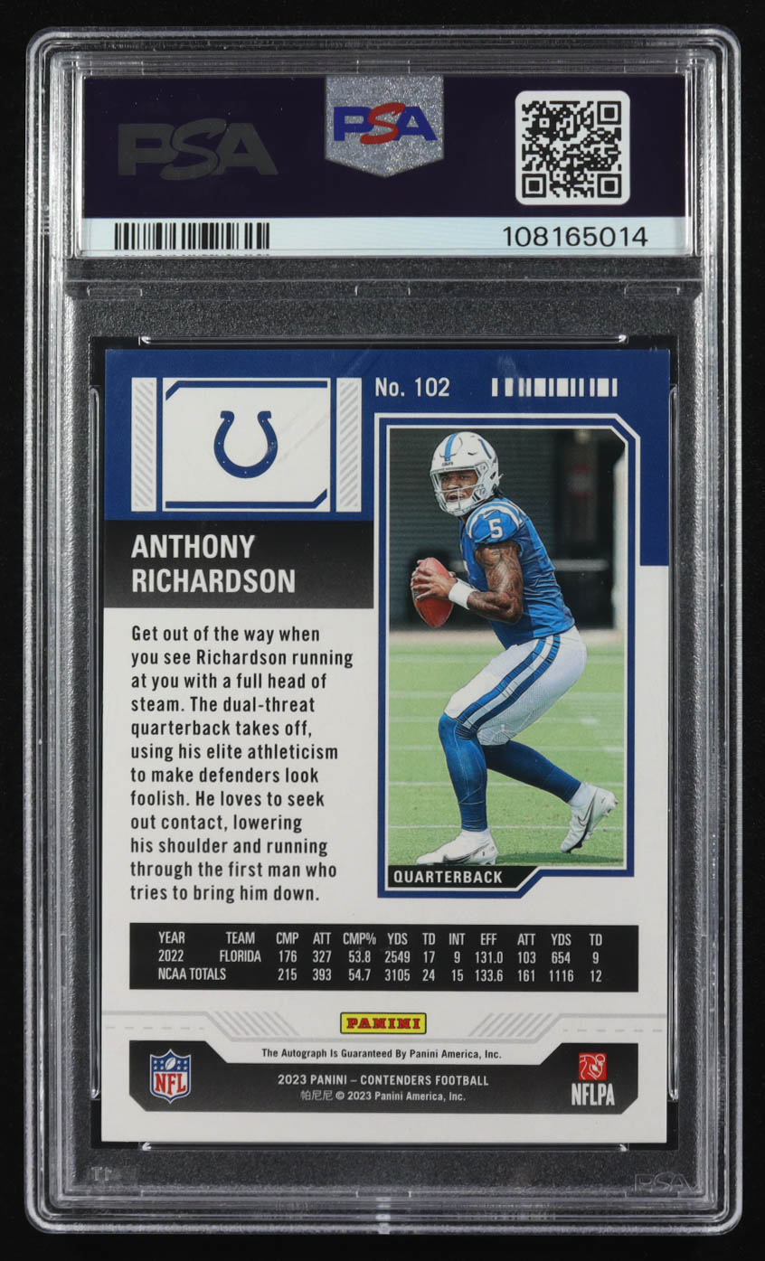 Anthony Richardson 2023 Panini Contenders Rookie Ticket Autograph #102 RC (PSA 9 | Autograph Graded PSA 10) at PristineAuction.com Anthony Richardson 2023 Panini Contenders Rookie Ticket Autograph #102 RC (PSA 9 | Autograph Graded PSA 10) at PristineAuction.com