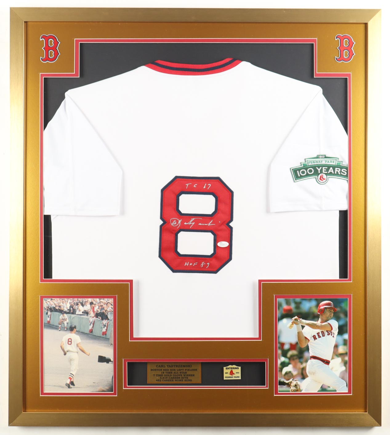 Carl Yastrzemski Signed Custom Framed Jersey Display with Red Sox Pin Inscribed "HOF 89" & "TC 67" (PSA) at PristineAuction.com Carl Yastrzemski Signed Custom Framed Jersey Display with Red Sox Pin Inscribed "HOF 89" & "TC 67" (PSA) at PristineAuction.com
