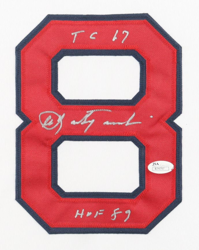 Carl Yastrzemski Signed Custom Framed Jersey Display with Red Sox Pin Inscribed "HOF 89" & "TC 67" (PSA) at PristineAuction.com Carl Yastrzemski Signed Custom Framed Jersey Display with Red Sox Pin Inscribed "HOF 89" & "TC 67" (PSA) at PristineAuction.com