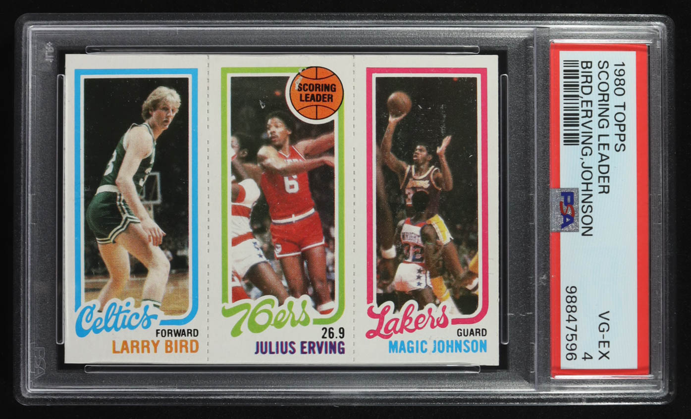 Larry Bird / Juluis Erving / Magic Johnson 1980 Topps Scoring Leader #VG-EX (PSA 4) at PristineAuction.com Larry Bird / Juluis Erving / Magic Johnson 1980 Topps Scoring Leader #VG-EX (PSA 4) at PristineAuction.com