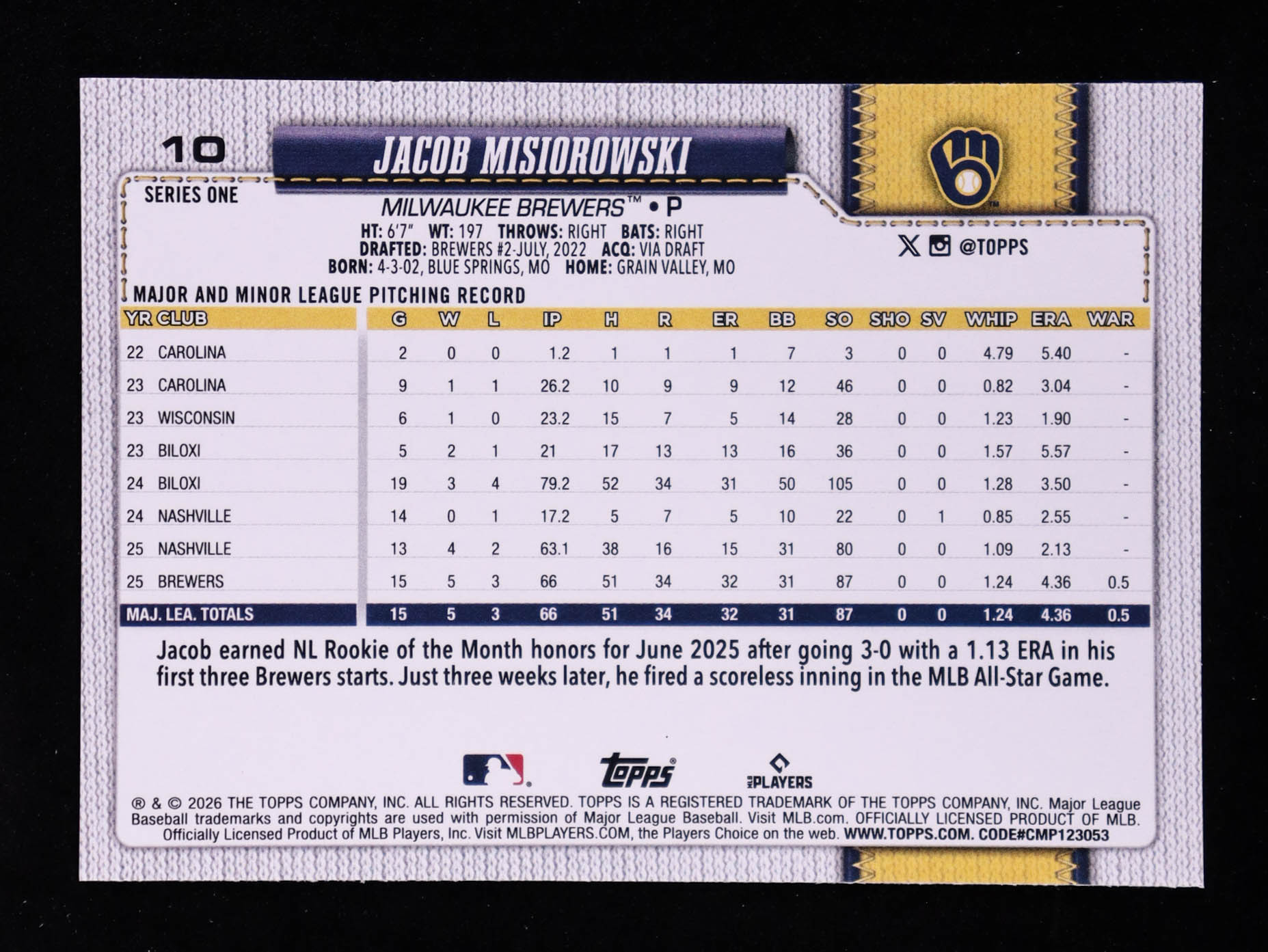 Jacob Misiorowski 2026 Topps #10 RC at PristineAuction.com Jacob Misiorowski 2026 Topps #10 RC at PristineAuction.com