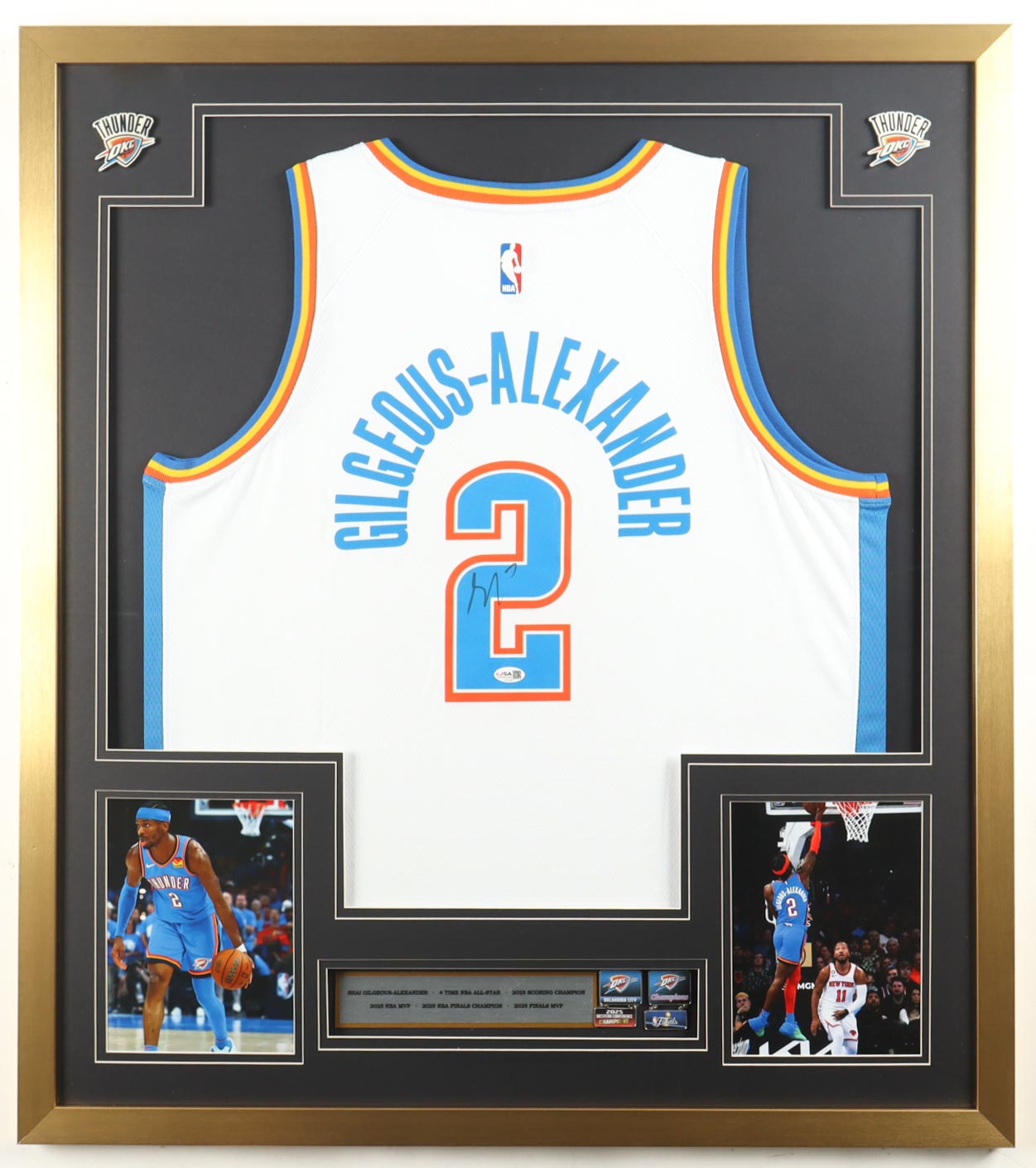 Shai Gilgeous-Alexander Signed Custom Framed Jersey Display with Stat Plaque & (2) NBA Finals Pins (JSA) at PristineAuction.com Shai Gilgeous-Alexander Signed Custom Framed Jersey Display with Stat Plaque & (2) NBA Finals Pins (JSA) at PristineAuction.com