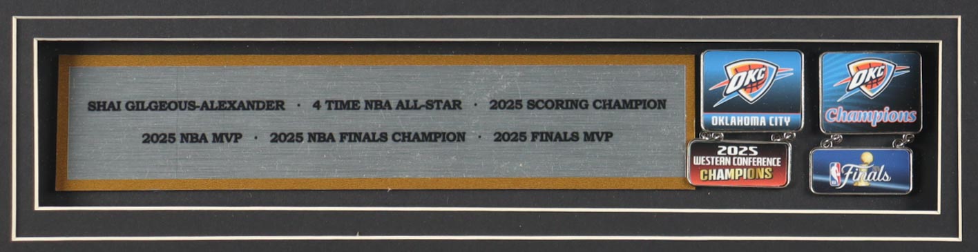 Shai Gilgeous-Alexander Signed Custom Framed Jersey Display with Stat Plaque & (2) NBA Finals Pins (JSA) at PristineAuction.com Shai Gilgeous-Alexander Signed Custom Framed Jersey Display with Stat Plaque & (2) NBA Finals Pins (JSA) at PristineAuction.com