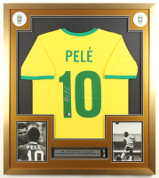 Pele Signed Custom Framed Jersey Display with Trophy Pin & Stat Plaque (Beckett) at PristineAuction.com