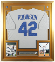 Jackie Robinson Custom Framed Jersey Display with Stat Plaque & 1955 World Series Pin at PristineAuction.com