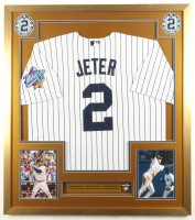 Derek Jeter Custom Framed Jersey Display with Career Stat Plaque & 1999 World Series Pin at PristineAuction.com