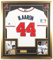 Hank Aaron Signed Custom Framed Cut Display with Jersey & Braves Logo Pin (PSA) at PristineAuction.com