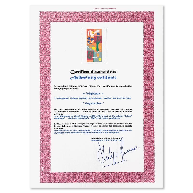 "Vegetaux" LE 25x35 Lithograph by Henri Matisse (Artova) at PristineAuction.com "Vegetaux" LE 25x35 Lithograph by Henri Matisse (Artova) at PristineAuction.com