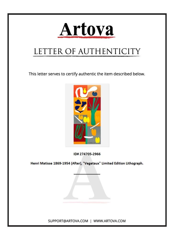 "Vegetaux" LE 25x35 Lithograph by Henri Matisse (Artova) at PristineAuction.com "Vegetaux" LE 25x35 Lithograph by Henri Matisse (Artova) at PristineAuction.com