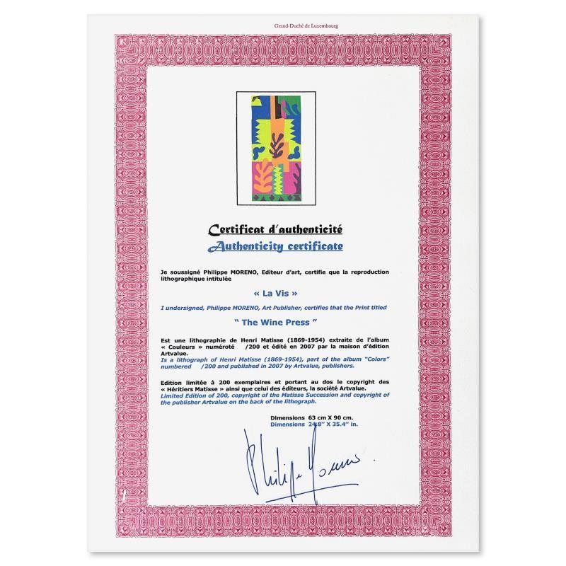 "La Vis" LE 25x35 Lithograph by Henri Matisse (Artova) at PristineAuction.com "La Vis" LE 25x35 Lithograph by Henri Matisse (Artova) at PristineAuction.com