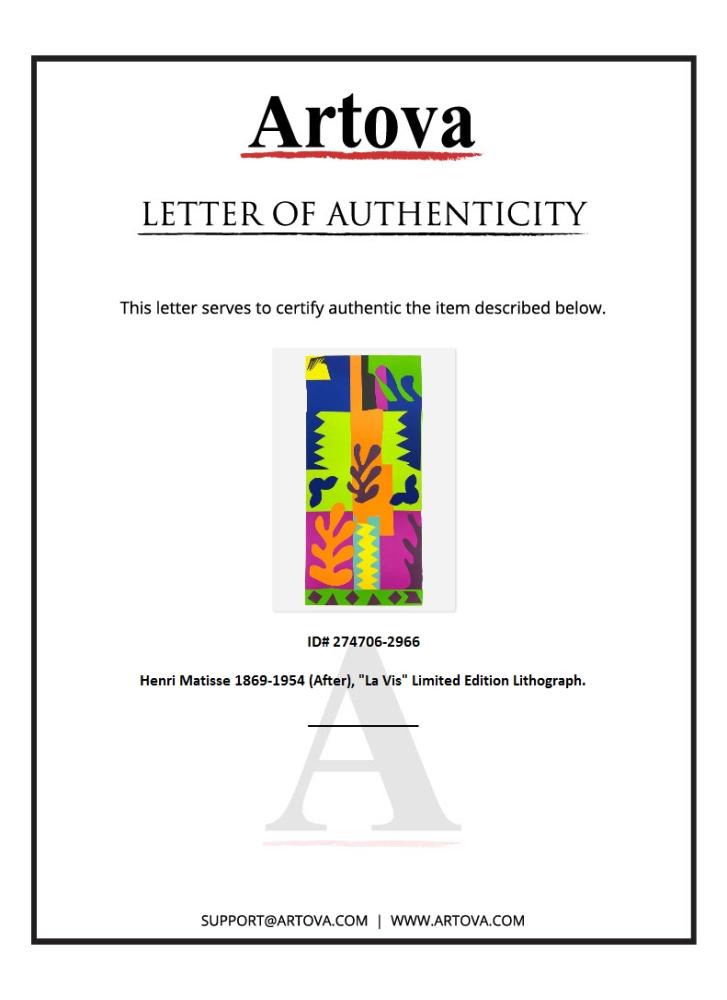 "La Vis" LE 25x35 Lithograph by Henri Matisse (Artova) at PristineAuction.com "La Vis" LE 25x35 Lithograph by Henri Matisse (Artova) at PristineAuction.com