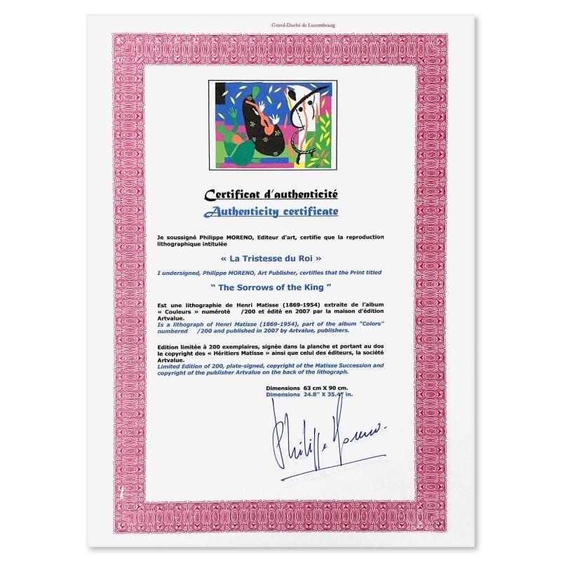 "La Tristesse du roi" LE 35x25 Lithograph by Henri Matisse (Artova) at PristineAuction.com "La Tristesse du roi" LE 35x25 Lithograph by Henri Matisse (Artova) at PristineAuction.com