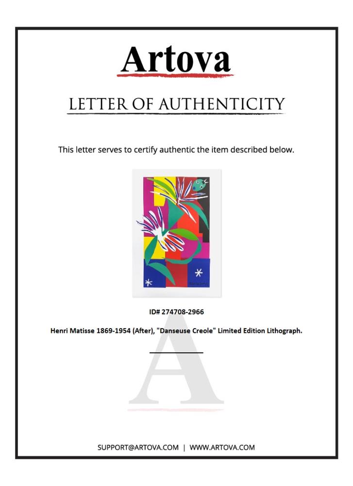 "Danseuse Creole" LE 25x35 Lithograph by Henri Matisse (Artova) at PristineAuction.com "Danseuse Creole" LE 25x35 Lithograph by Henri Matisse (Artova) at PristineAuction.com