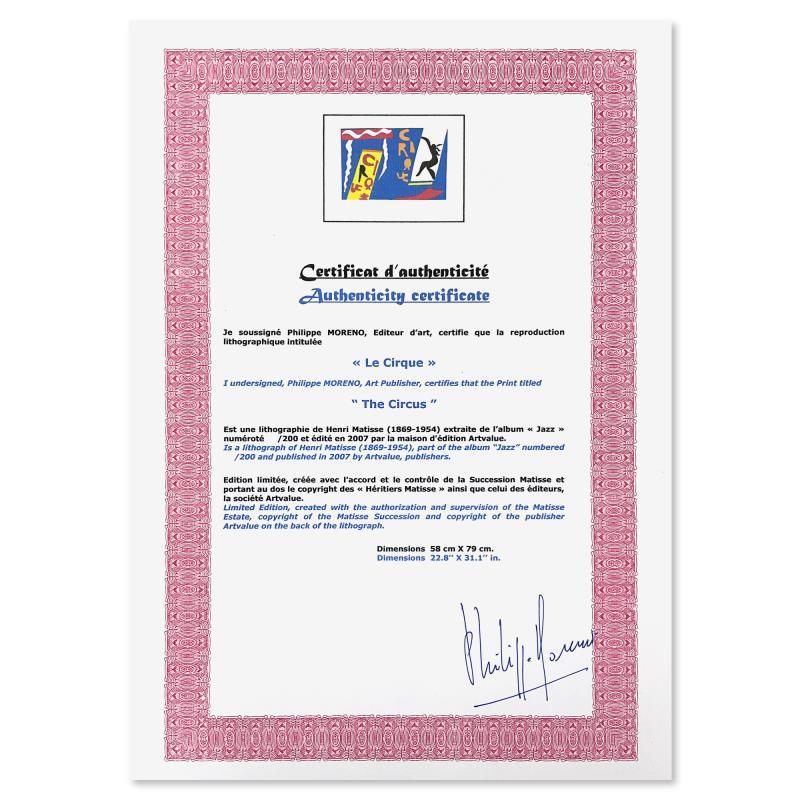 "Le Cirque" LE 31x23 Lithograph by Henri Matisse (Artova) at PristineAuction.com "Le Cirque" LE 31x23 Lithograph by Henri Matisse (Artova) at PristineAuction.com