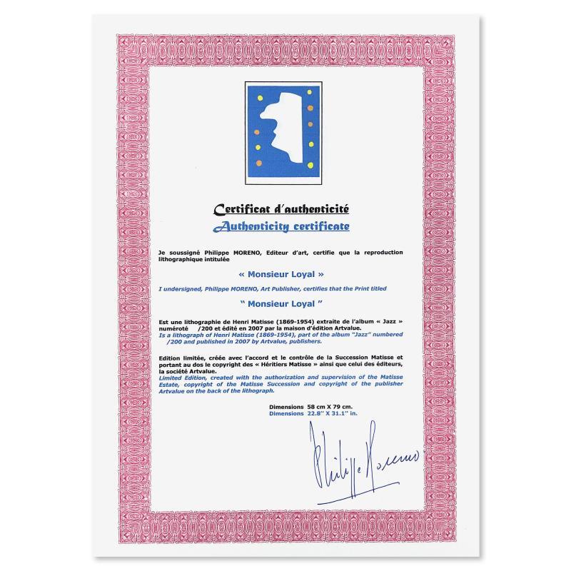 "Monsieur Loyal" LE 23x31 Lithograph by Henri Matisse (Artova) at PristineAuction.com "Monsieur Loyal" LE 23x31 Lithograph by Henri Matisse (Artova) at PristineAuction.com