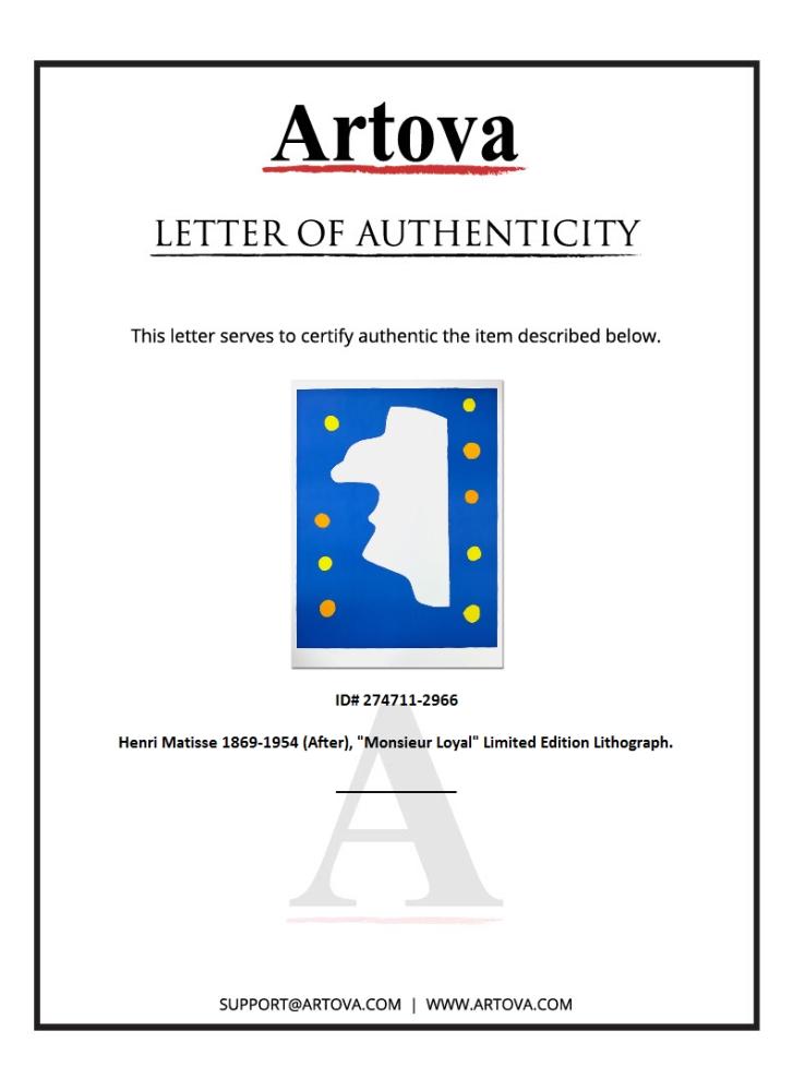 "Monsieur Loyal" LE 23x31 Lithograph by Henri Matisse (Artova) at PristineAuction.com "Monsieur Loyal" LE 23x31 Lithograph by Henri Matisse (Artova) at PristineAuction.com