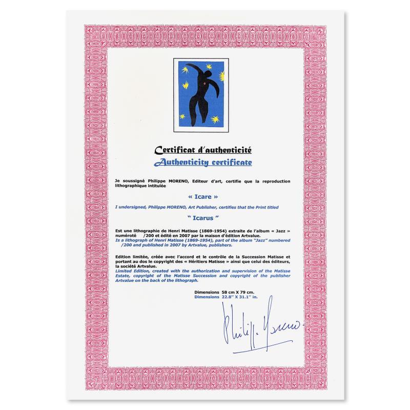 "Icare (Icarus)" LE 23x31 Lithograph by Henri Matisse (Artova) at PristineAuction.com "Icare (Icarus)" LE 23x31 Lithograph by Henri Matisse (Artova) at PristineAuction.com