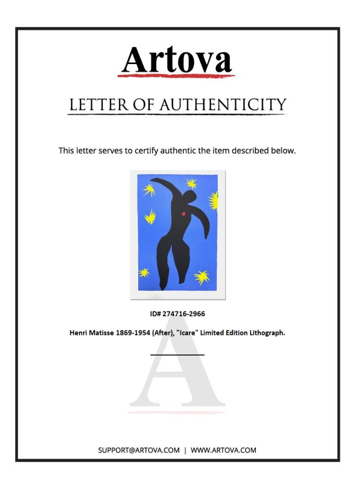 "Icare (Icarus)" LE 23x31 Lithograph by Henri Matisse (Artova) at PristineAuction.com "Icare (Icarus)" LE 23x31 Lithograph by Henri Matisse (Artova) at PristineAuction.com