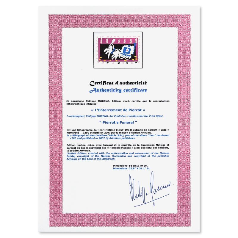 "L'Enterrement de Pierrot (Pierrot's Funeral)" LE 31x23 Lithograph by Henri Matisse (Artova) at PristineAuction.com "L'Enterrement de Pierrot (Pierrot's Funeral)" LE 31x23 Lithograph by Henri Matisse (Artova) at PristineAuction.com