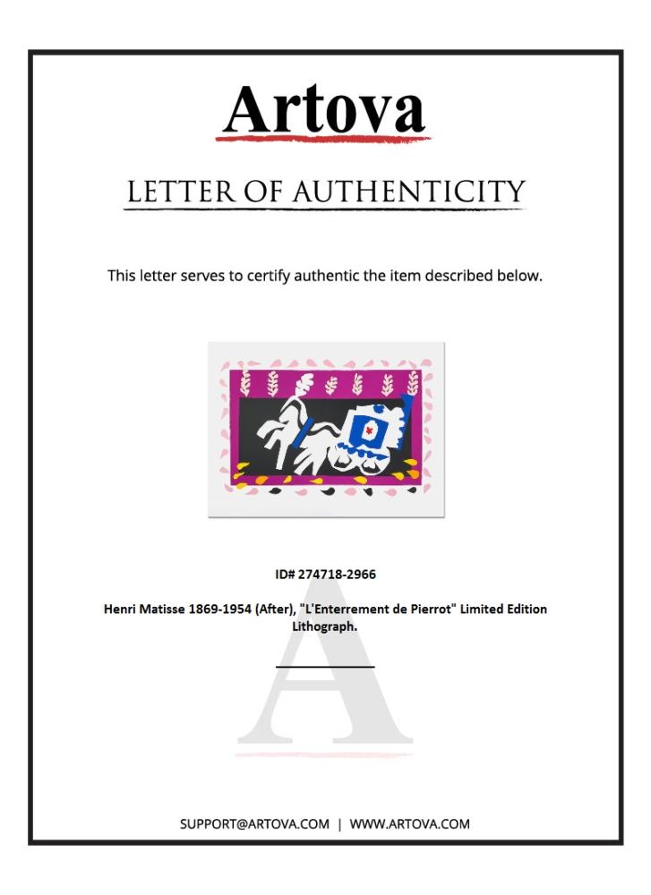 "L'Enterrement de Pierrot (Pierrot's Funeral)" LE 31x23 Lithograph by Henri Matisse (Artova) at PristineAuction.com "L'Enterrement de Pierrot (Pierrot's Funeral)" LE 31x23 Lithograph by Henri Matisse (Artova) at PristineAuction.com