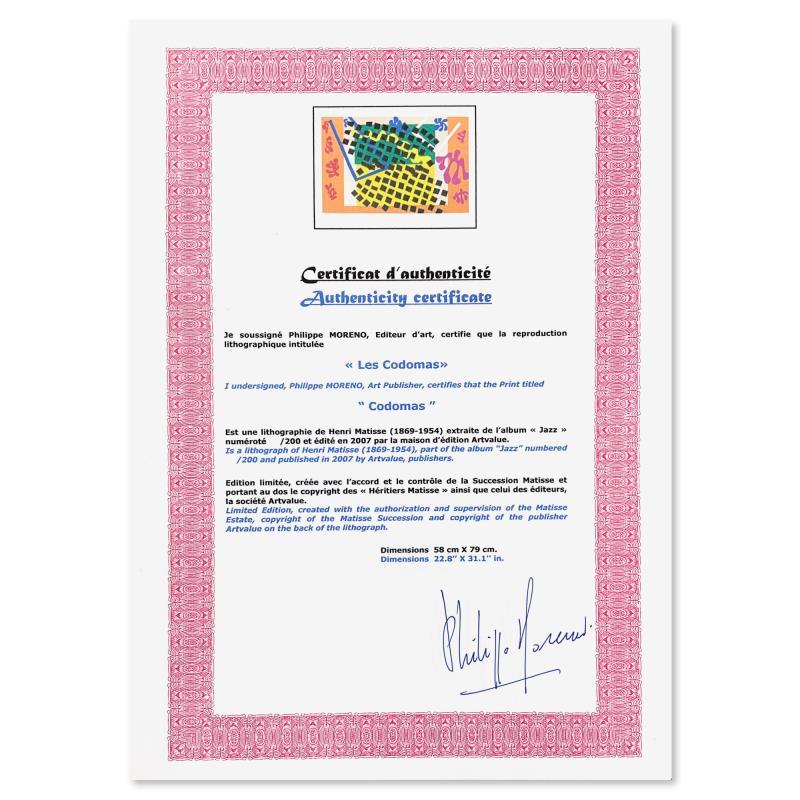 "Les Codomas" LE 31x23 Lithograph by Henri Matisse (Artova) at PristineAuction.com "Les Codomas" LE 31x23 Lithograph by Henri Matisse (Artova) at PristineAuction.com