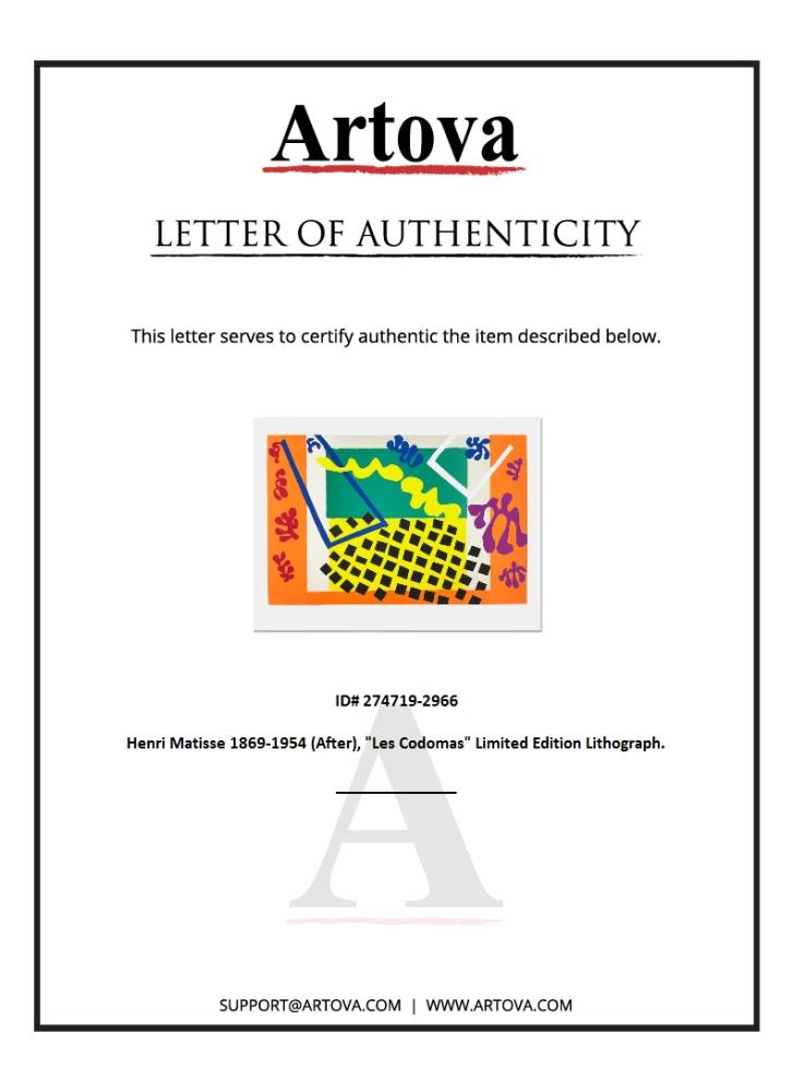 "Les Codomas" LE 31x23 Lithograph by Henri Matisse (Artova) at PristineAuction.com "Les Codomas" LE 31x23 Lithograph by Henri Matisse (Artova) at PristineAuction.com