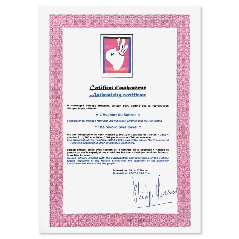 "L'Avaleur de Sabres (The Sword Swallower)" LE 23x31 Lithograph by Henri Matisse (Artova) at PristineAuction.com "L'Avaleur de Sabres (The Sword Swallower)" LE 23x31 Lithograph by Henri Matisse (Artova) at PristineAuction.com