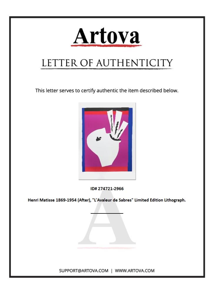 "L'Avaleur de Sabres (The Sword Swallower)" LE 23x31 Lithograph by Henri Matisse (Artova) at PristineAuction.com "L'Avaleur de Sabres (The Sword Swallower)" LE 23x31 Lithograph by Henri Matisse (Artova) at PristineAuction.com