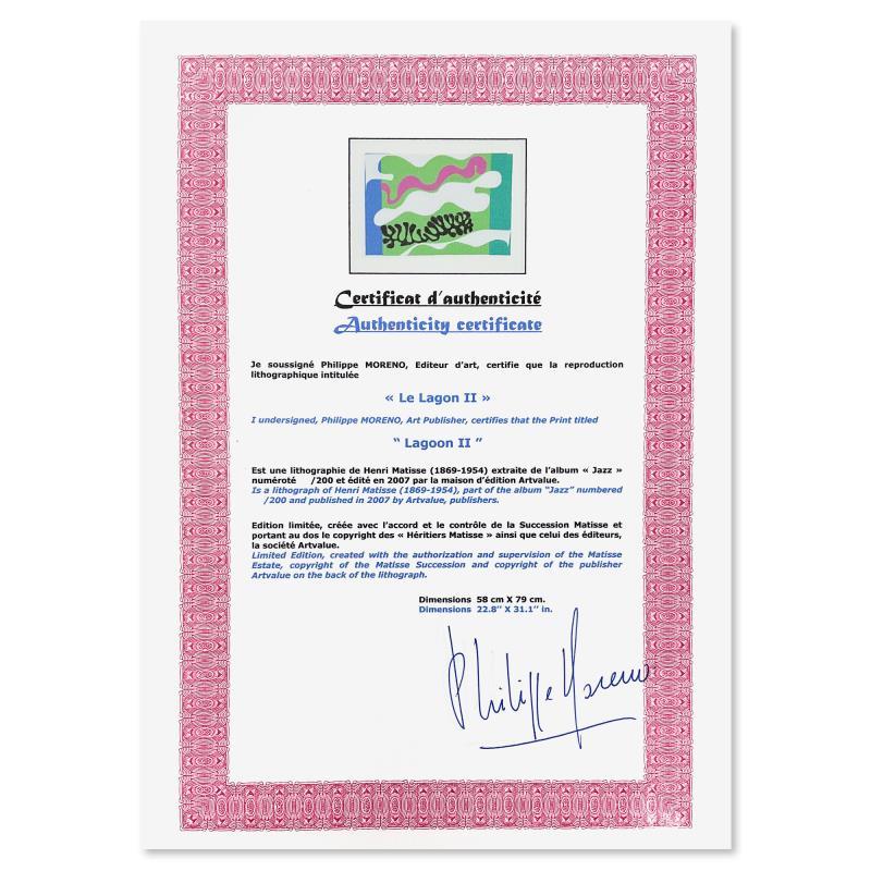 "Le Lagon II (Lagoon II)" LE 31x23 Lithograph by Henri Matisse (Artova) at PristineAuction.com "Le Lagon II (Lagoon II)" LE 31x23 Lithograph by Henri Matisse (Artova) at PristineAuction.com