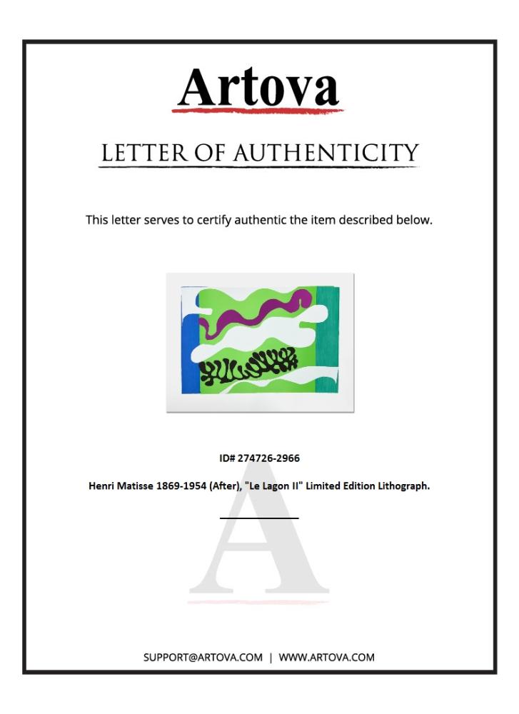 "Le Lagon II (Lagoon II)" LE 31x23 Lithograph by Henri Matisse (Artova) at PristineAuction.com "Le Lagon II (Lagoon II)" LE 31x23 Lithograph by Henri Matisse (Artova) at PristineAuction.com