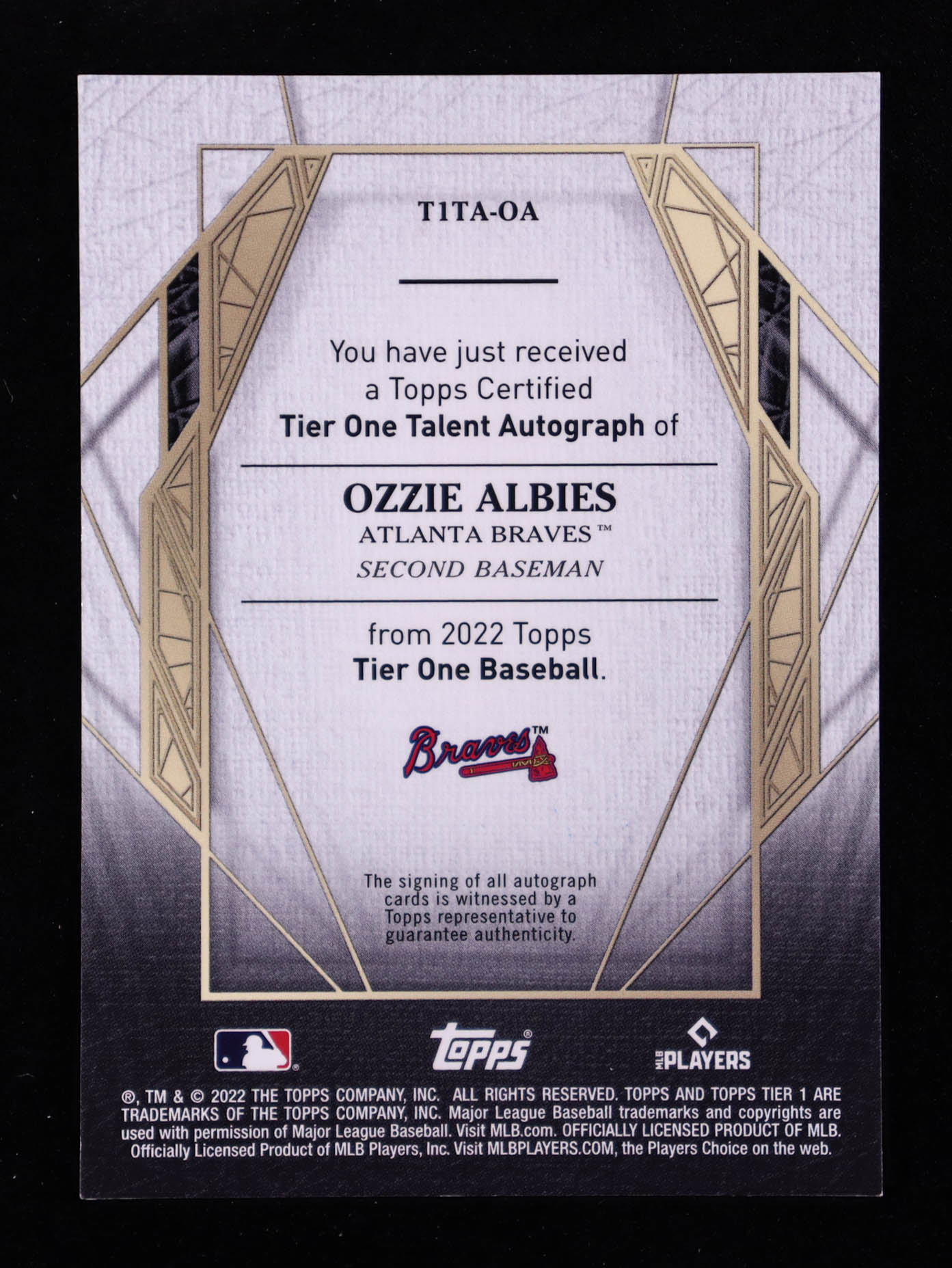Ozzie Albies 2022 Topps Tier One Talent Autographs #T1TAOA #126/199 at PristineAuction.com Ozzie Albies 2022 Topps Tier One Talent Autographs #T1TAOA #126/199 at PristineAuction.com