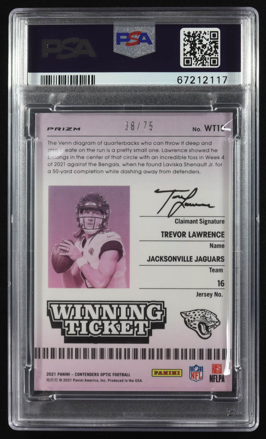 Trevor Lawrence 2021 Panini Contenders Optic Winning Ticket Pink #WT-10 RC #38/75 (PSA 9) at PristineAuction.com Trevor Lawrence 2021 Panini Contenders Optic Winning Ticket Pink #WT-10 RC #38/75 (PSA 9) at PristineAuction.com