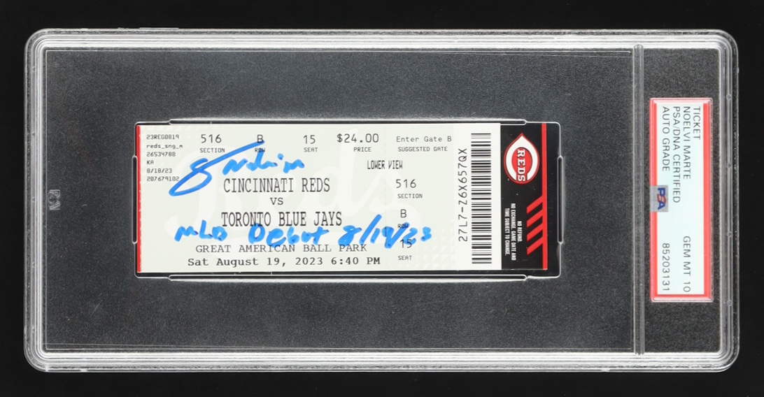 Noelvi Marte Signed MLB Debut Game Ticket Inscribed "MLB Debut 8/19/23" (PSA 10 | Auto 10) at PristineAuction.com Noelvi Marte Signed MLB Debut Game Ticket Inscribed "MLB Debut 8/19/23" (PSA 10 | Auto 10) at PristineAuction.com