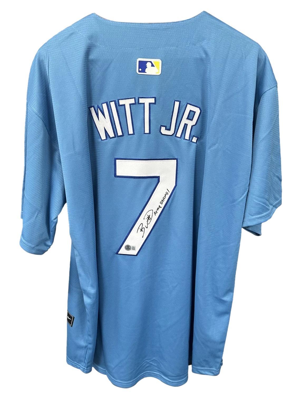 Bobby Witt Jr Signed Royals Nike Jersey Inscribed "Army Strong" (Beckett) at PristineAuction.com Bobby Witt Jr Signed Royals Nike Jersey Inscribed "Army Strong" (Beckett) at PristineAuction.com