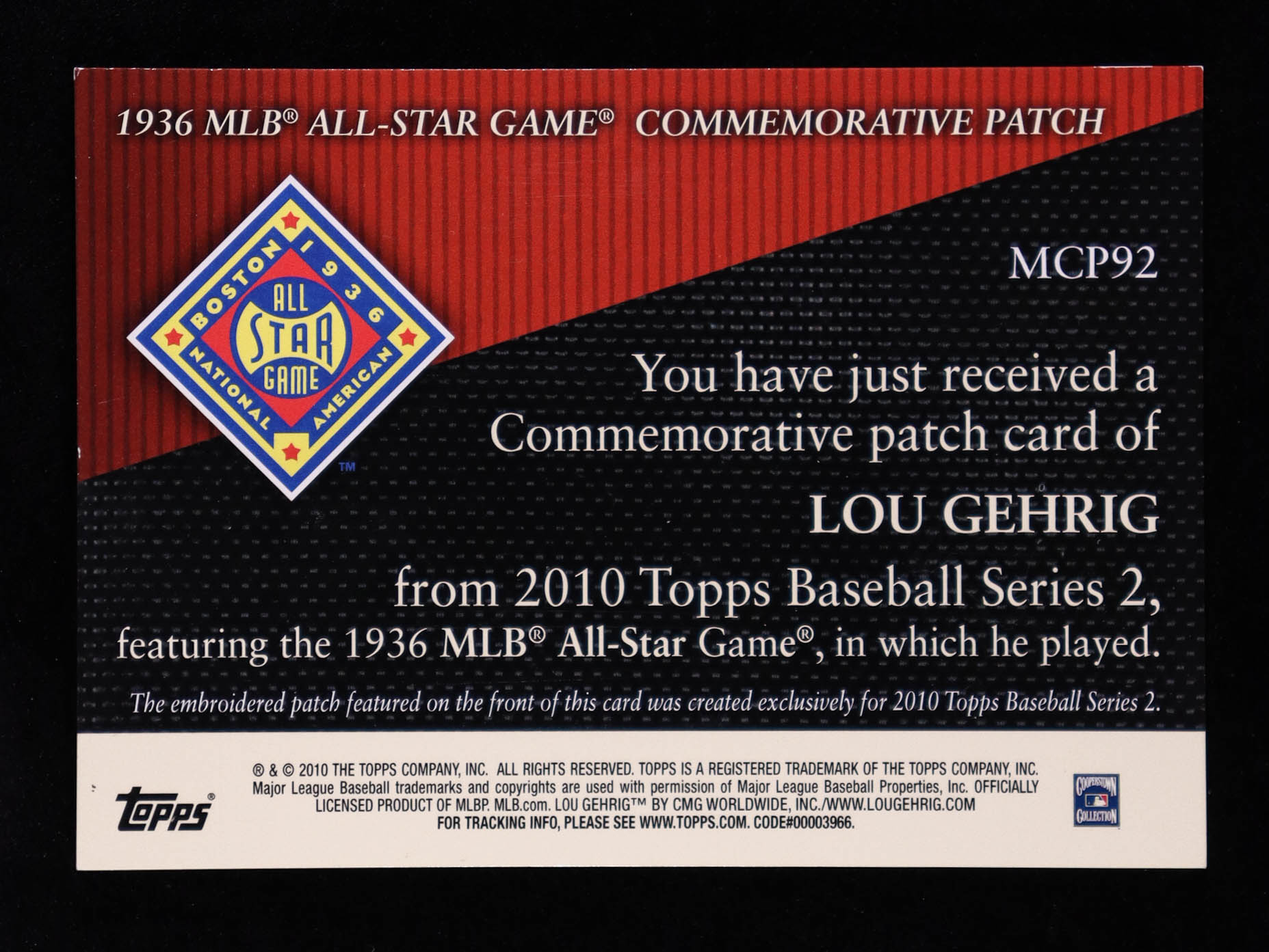 Lou Gehrig 2010 Topps Commemorative Patch #MCP92 at PristineAuction.com Lou Gehrig 2010 Topps Commemorative Patch #MCP92 at PristineAuction.com