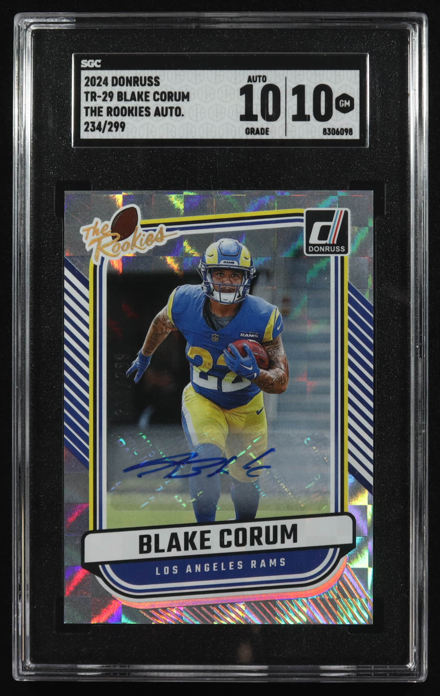 Blake Corum 2024 Panini Donruss The Rookies Auto #TR-29 RC #234/299 (SGC 10 | Autograph Graded SGC 10) at PristineAuction.com Blake Corum 2024 Panini Donruss The Rookies Auto #TR-29 RC #234/299 (SGC 10 | Autograph Graded SGC 10) at PristineAuction.com