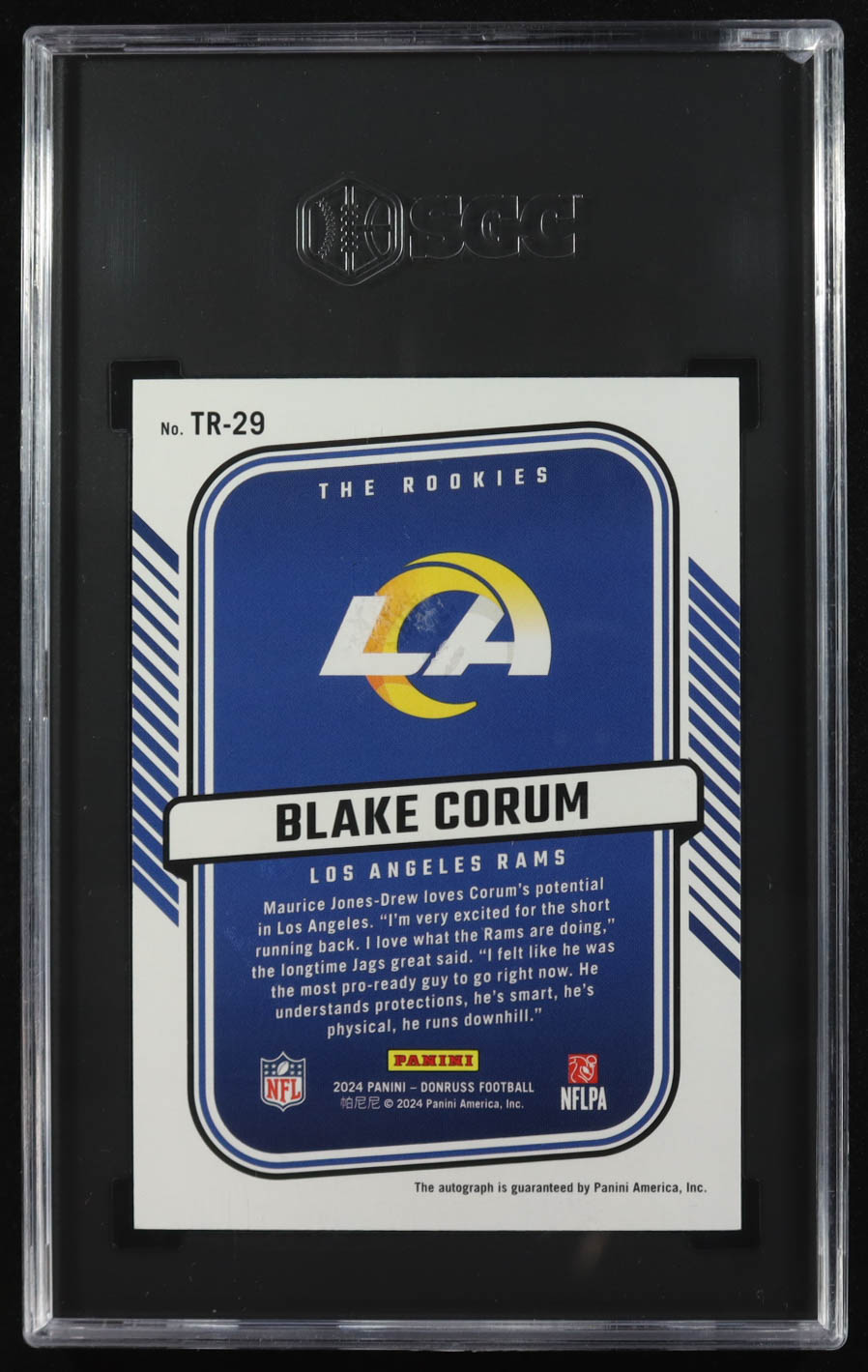 Blake Corum 2024 Panini Donruss The Rookies Auto #TR-29 RC #234/299 (SGC 10 | Autograph Graded SGC 10) at PristineAuction.com Blake Corum 2024 Panini Donruss The Rookies Auto #TR-29 RC #234/299 (SGC 10 | Autograph Graded SGC 10) at PristineAuction.com