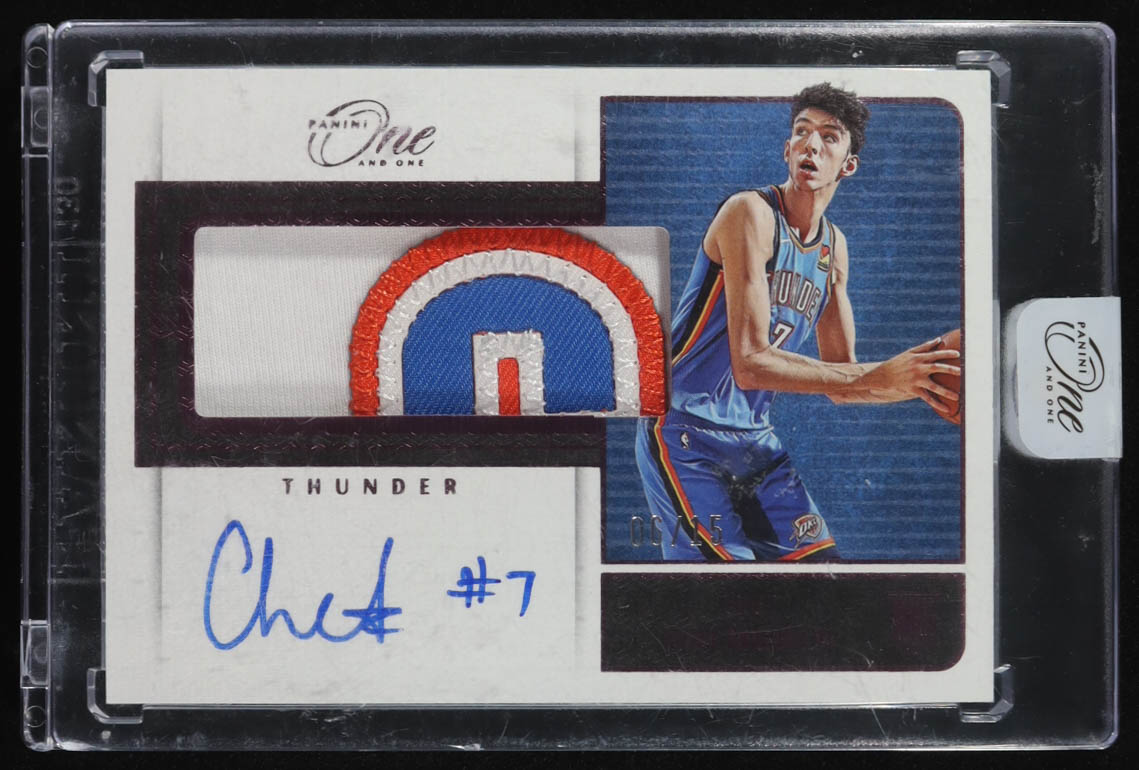 Chet Holmgren 2022-23 Panini One and One Rookie Jumbo Jersey Autographs Pink FOTL #RJJ-CHE RC #06/15 at PristineAuction.com Chet Holmgren 2022-23 Panini One and One Rookie Jumbo Jersey Autographs Pink FOTL #RJJ-CHE RC #06/15 at PristineAuction.com