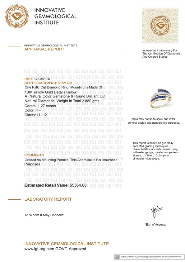 Brand New! 1.27 Carats Natural Diamond & Blue Sapphire Ring Yellow Gold H-I, I1-I2 | Estimated Retail Value: $5,364 (IGI) at PristineAuction.com Brand New! 1.27 Carats Natural Diamond & Blue Sapphire Ring Yellow Gold H-I, I1-I2 | Estimated Retail Value: $5,364 (IGI) at PristineAuction.com