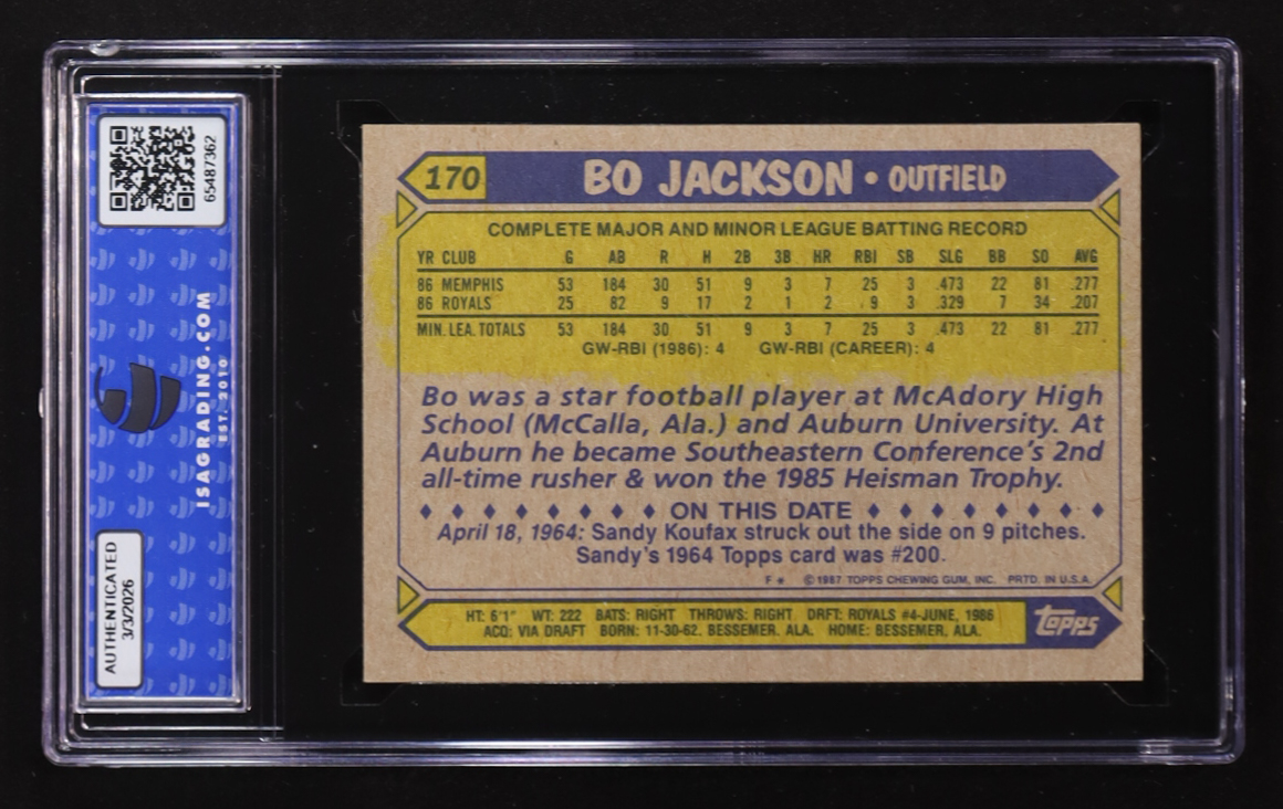 Bo Jackson 1987 Topps Future Stars #170 RC (ISA 8.5) at PristineAuction.com Bo Jackson 1987 Topps Future Stars #170 RC (ISA 8.5) at PristineAuction.com