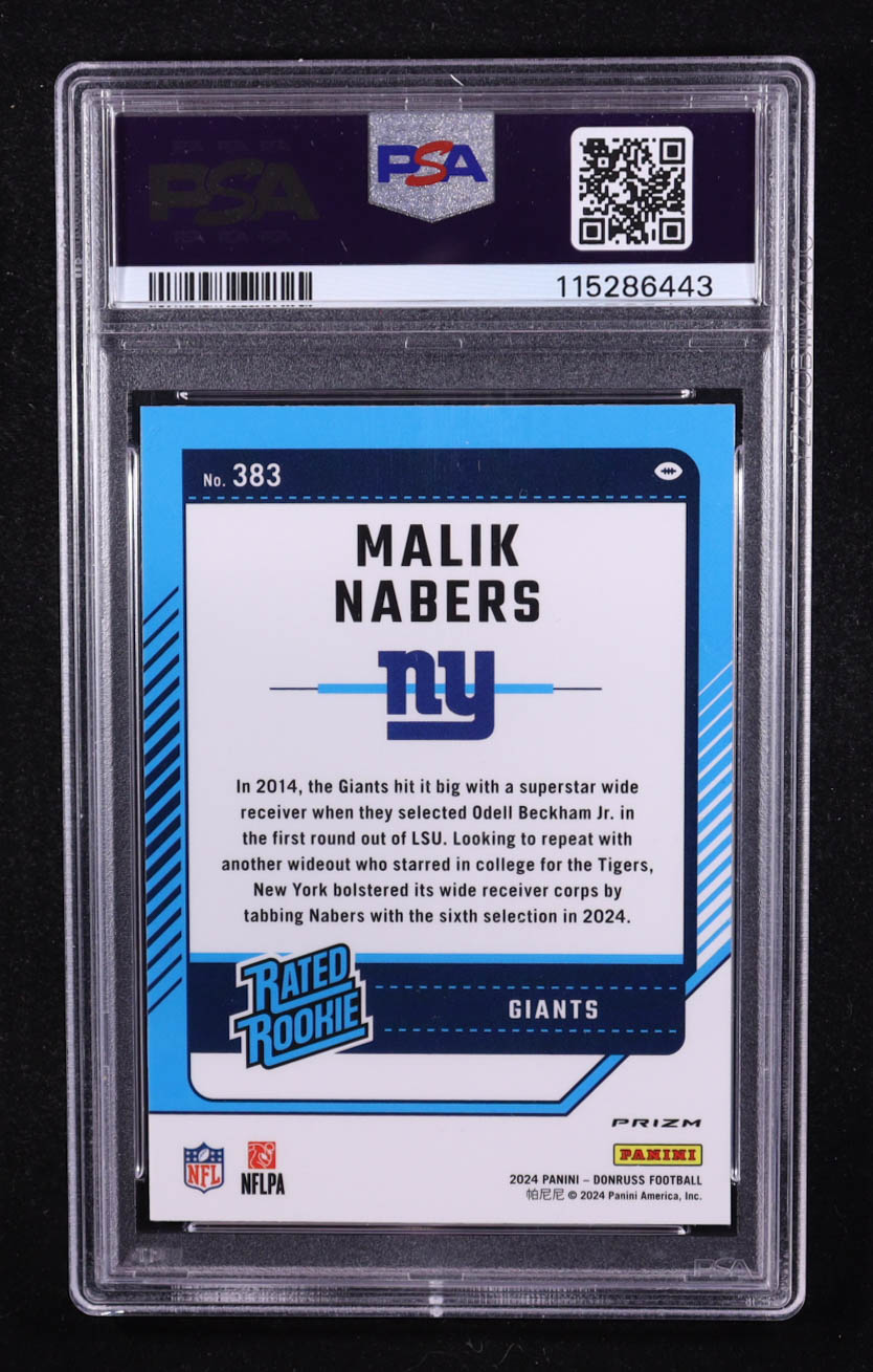Malik Nabers 2024 Panini Donruss Optic Preview Pink Rated Rookie #383 RC (PSA 10) at PristineAuction.com Malik Nabers 2024 Panini Donruss Optic Preview Pink Rated Rookie #383 RC (PSA 10) at PristineAuction.com