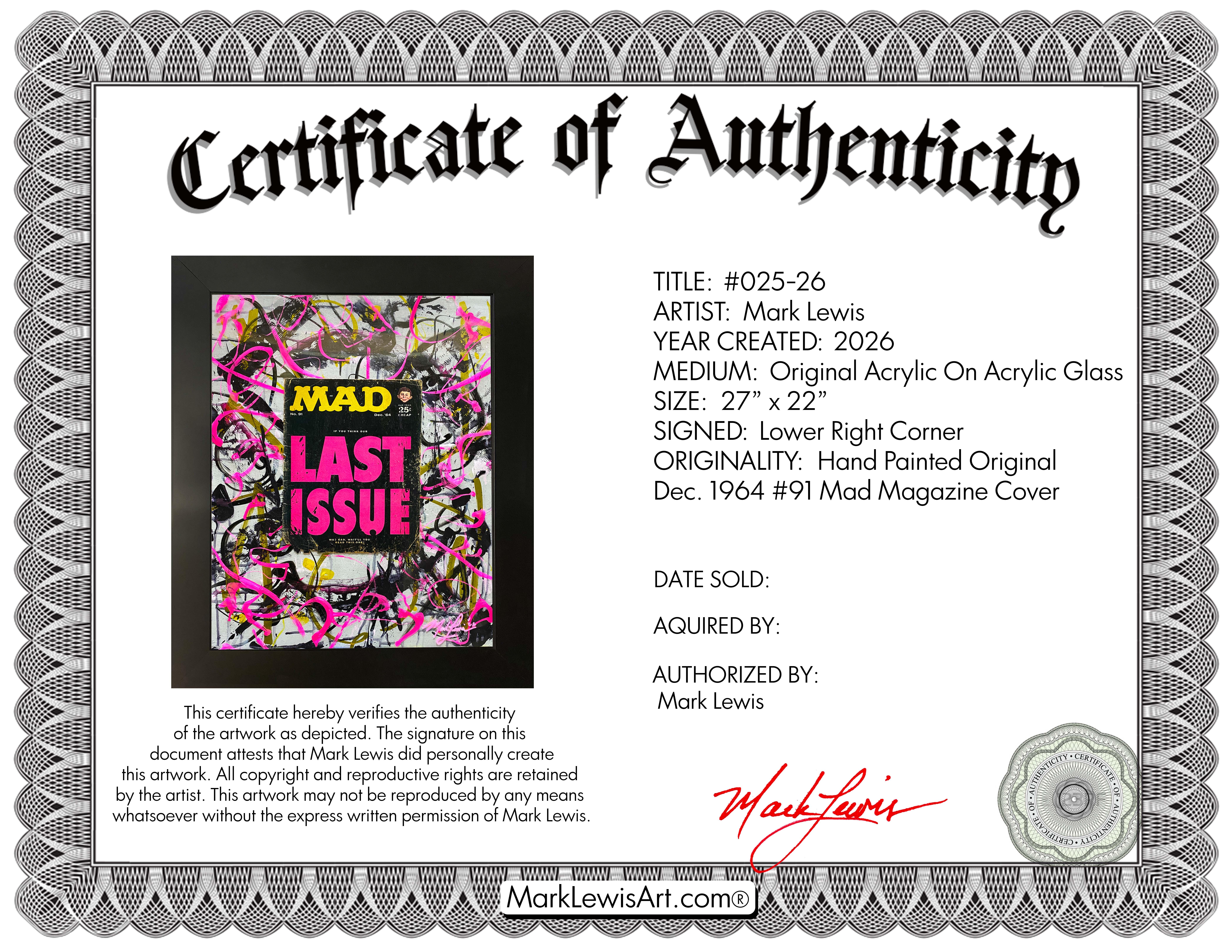 "MAD Magazine - Last Issue" Sept. 1968 Issue #121 Original Custom Framed Painting On Acrylic Glass 025-26 (Lewis) at PristineAuction.com "MAD Magazine - Last Issue" Sept. 1968 Issue #121 Original Custom Framed Painting On Acrylic Glass 025-26 (Lewis) at PristineAuction.com