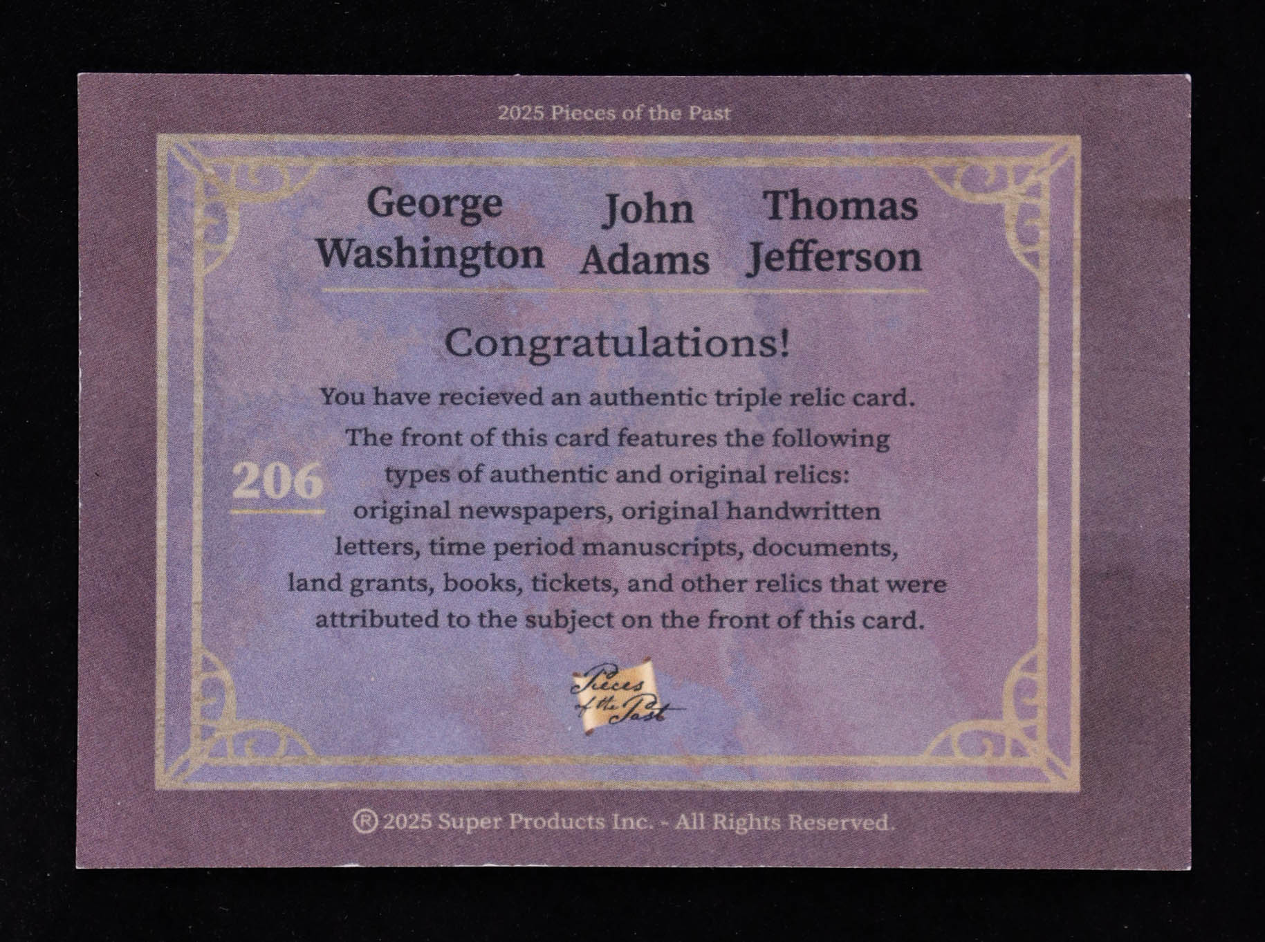 George Washington / John Adams / Thomas Jefferson 2025 Pieces of the Past Triple Relic #206 at PristineAuction.com George Washington / John Adams / Thomas Jefferson 2025 Pieces of the Past Triple Relic #206 at PristineAuction.com