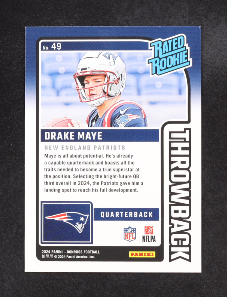 Drake Maye 2024 Donruss Rated Rookies Throwback #49 RC at PristineAuction.com Drake Maye 2024 Donruss Rated Rookies Throwback #49 RC at PristineAuction.com