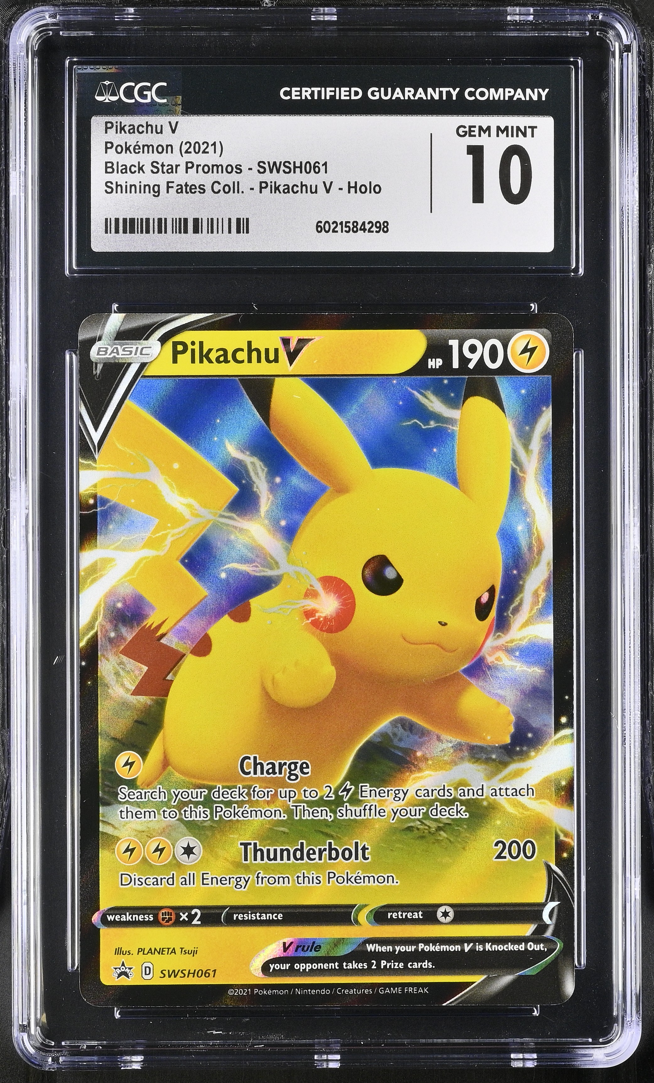 Pikachu V 2021 Pokemon TCG Sword & Shield Black Star Promos Shining Fates Pikachu V Collection #SWSH061 (CGC GEM MINT 10) at PristineAuction.com Pikachu V 2021 Pokemon TCG Sword & Shield Black Star Promos Shining Fates Pikachu V Collection #SWSH061 (CGC GEM MINT 10) at PristineAuction.com