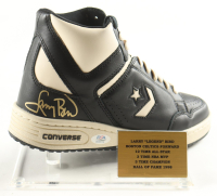 Larry Bird Signed Converse Black Leather Basketball Shoe with Statistics Plaque Display Stand (PSA) at PristineAuction.com